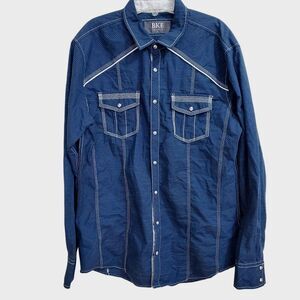 Buckle BKE Western Shirt XL Blue Stripes Geo Stitch Pearl Snap BURKE Rockabilly